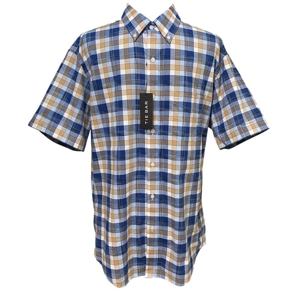 Tie Bar Blue Brown Plaid Trim Fit Short Sleeve Button Down Shirt Medium NWT - Picture 1 of 7